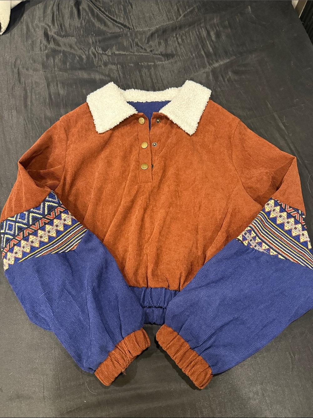 Rust & Royal Blue Patterned Sleeve Sherpa Collar Pullover